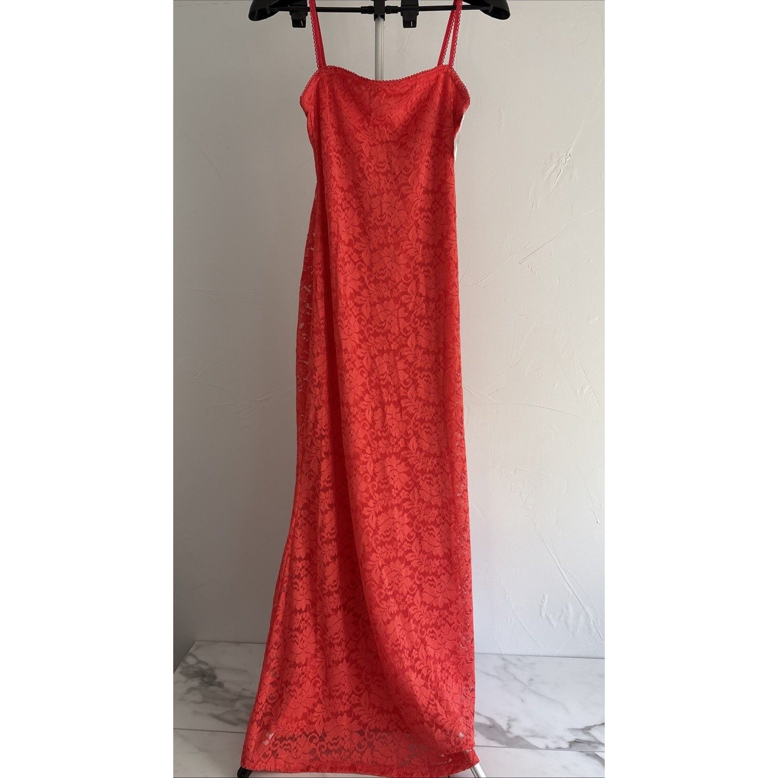 Nia Lace Haven Maxi Dress Womens Large Coral Scalloped Trim Knit Lace Slip Dress